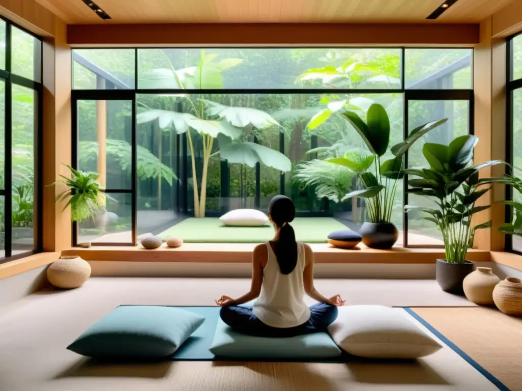 Espacio de meditación moderno y sereno con vista a un jardín tranquilo