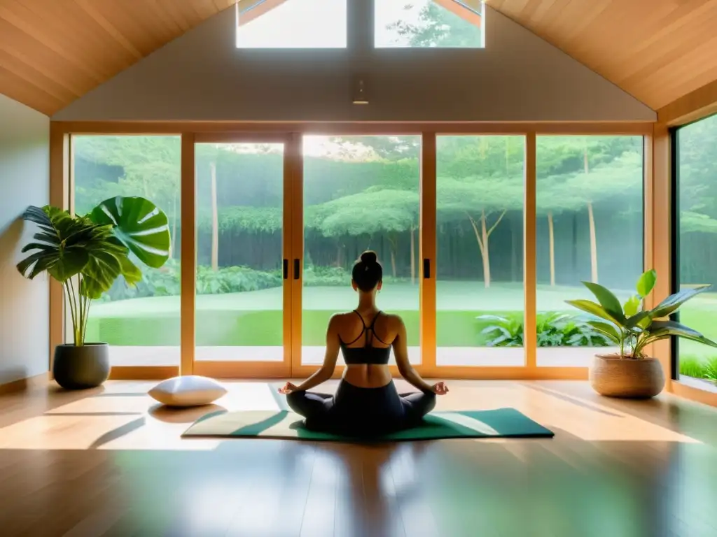 Espacio de meditación moderno y sereno con vista a la naturaleza, ideal para las mejores terapias respiración estrés