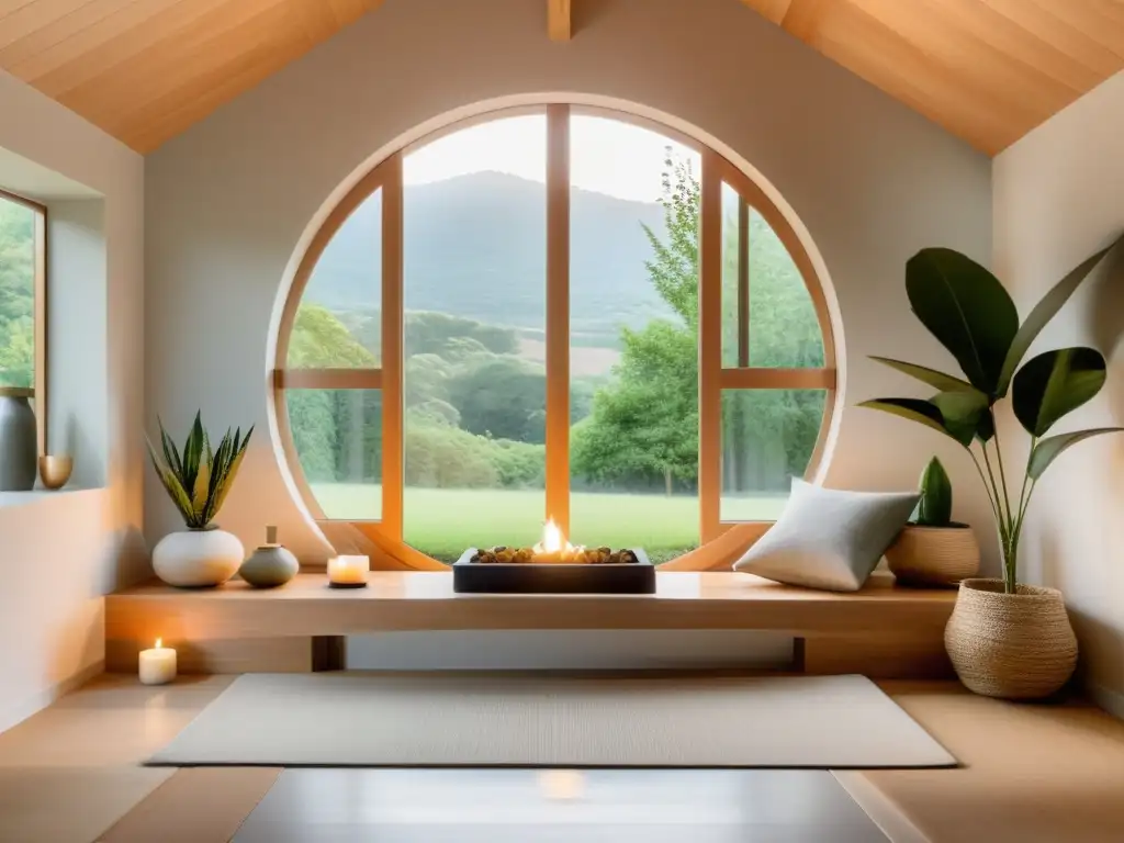 Un espacio de meditación moderno y sereno con vista a la naturaleza