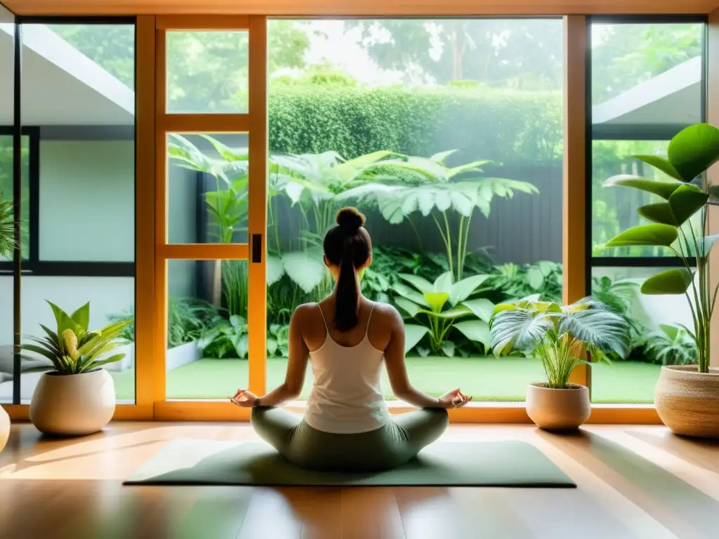 Un espacio de meditación moderno y sereno con vista a un jardín exuberante