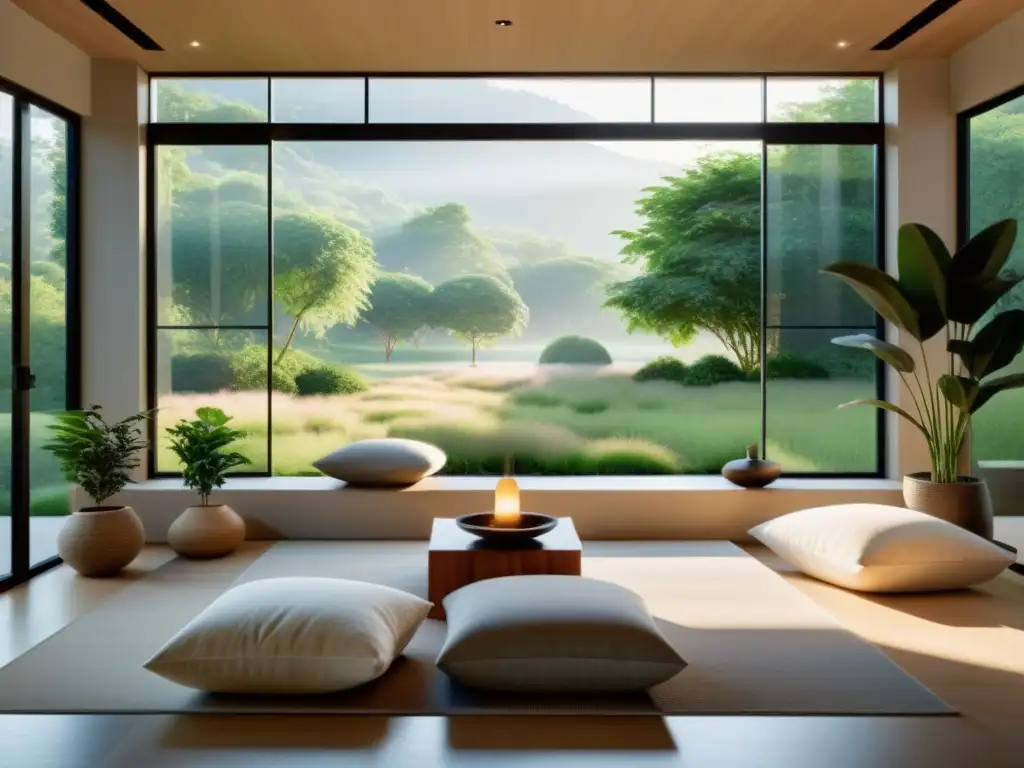 Espacio de meditación moderno y sereno con vista a la naturaleza