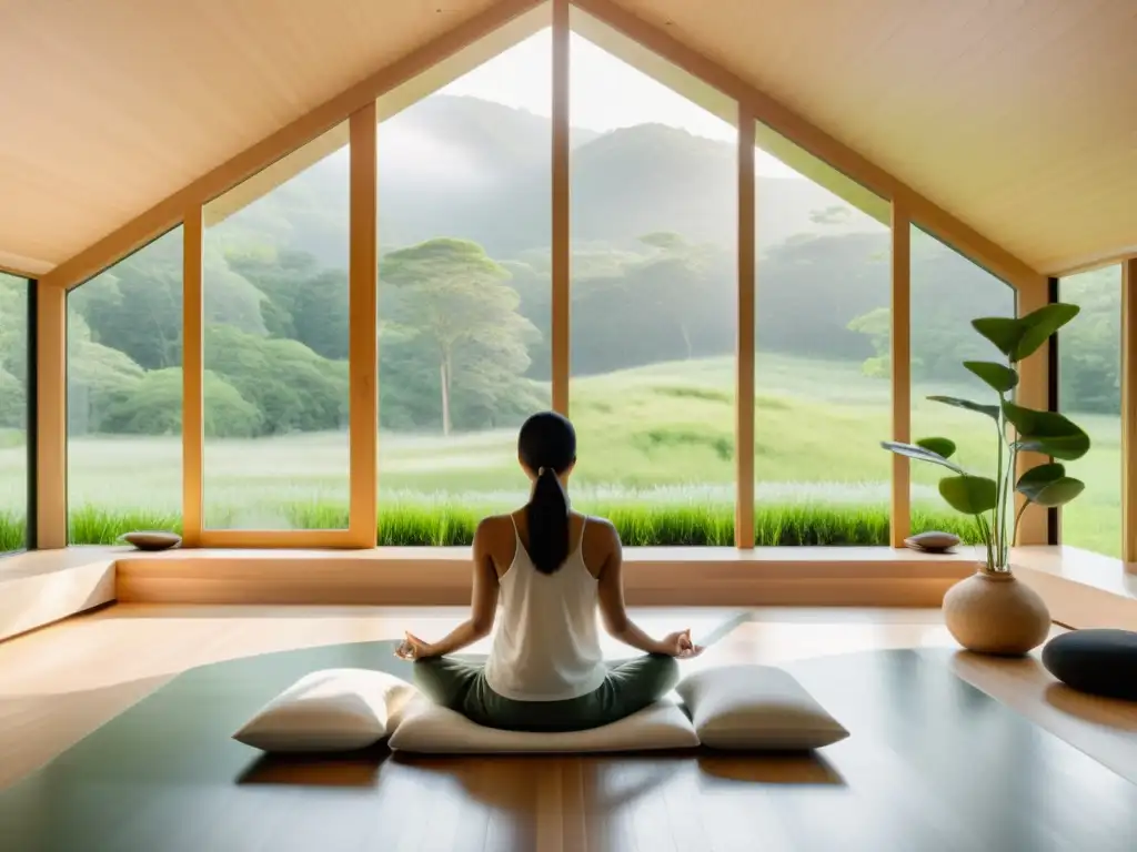 Un espacio de meditación moderno y sereno con vista a la naturaleza