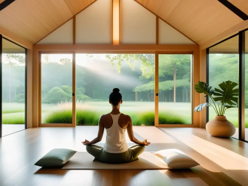 Espacio de meditación moderno y sereno con vista a un paisaje verde