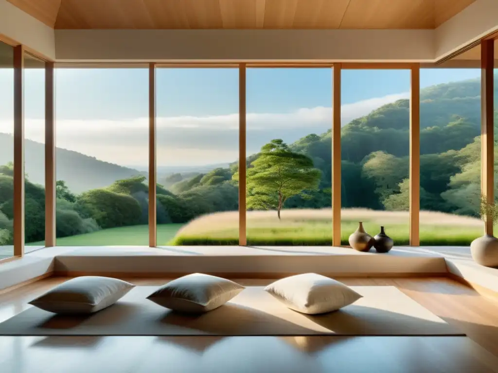 Un espacio de meditación moderno y sereno con vistas a un paisaje natural tranquilo