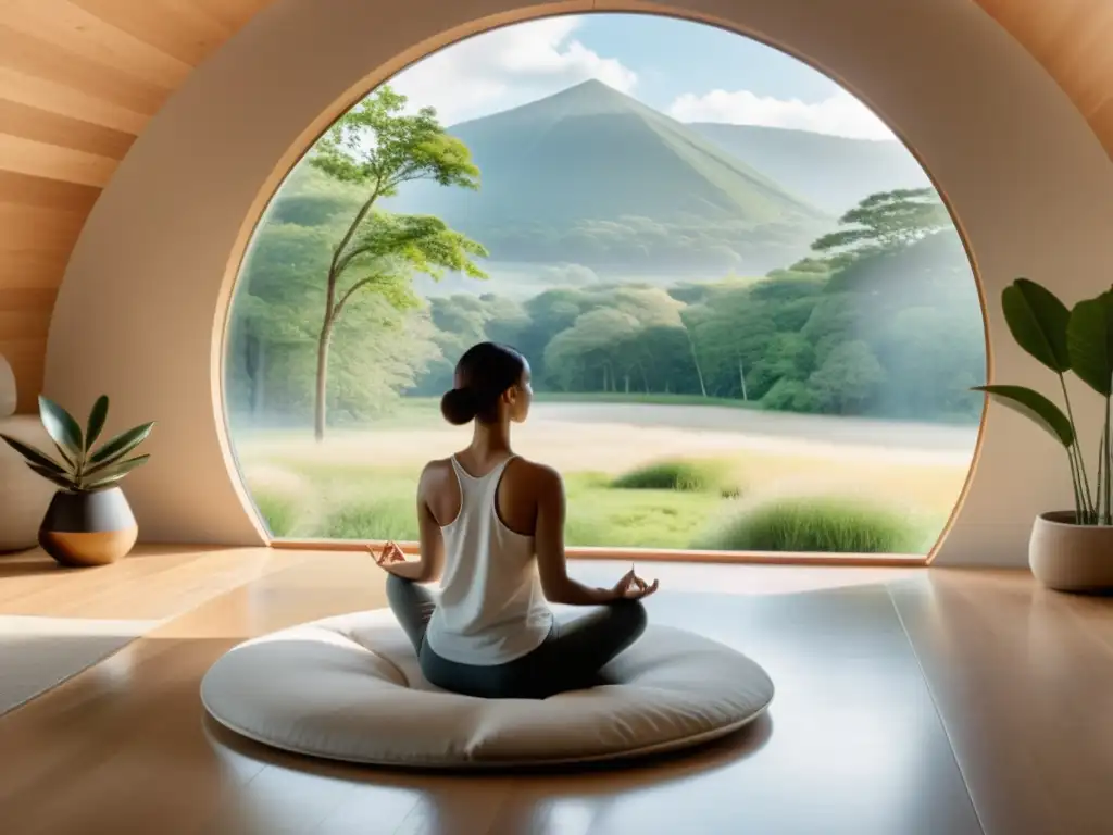 Un espacio de meditación moderno y sereno con vistas a un paisaje natural