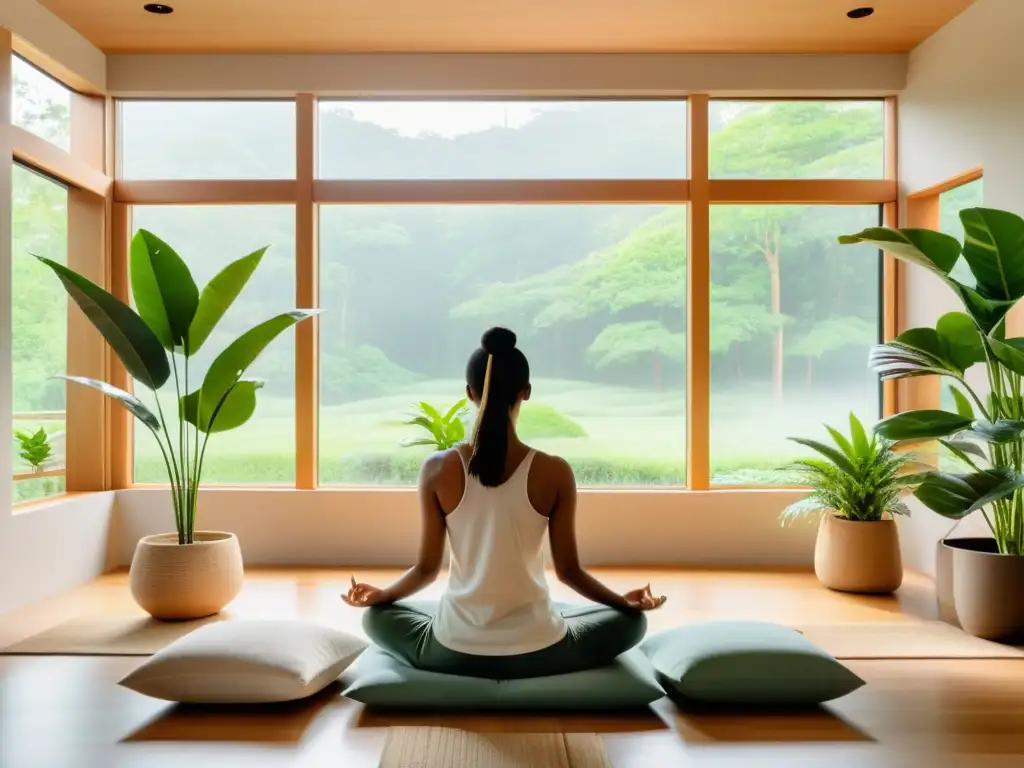 Espacio de meditación moderno y sereno con vistas a la naturaleza