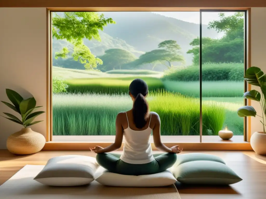 Espacio de meditación moderno y sereno con vistas a un paisaje verde