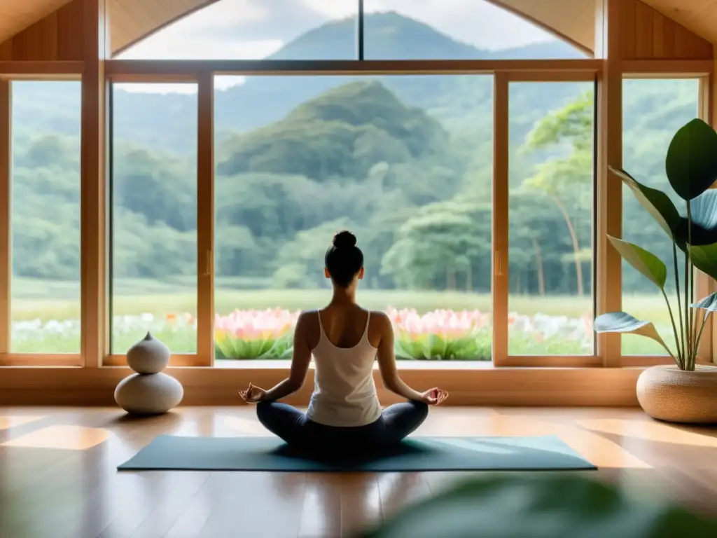 'Espacio de meditación moderno y sereno con vistas a la naturaleza