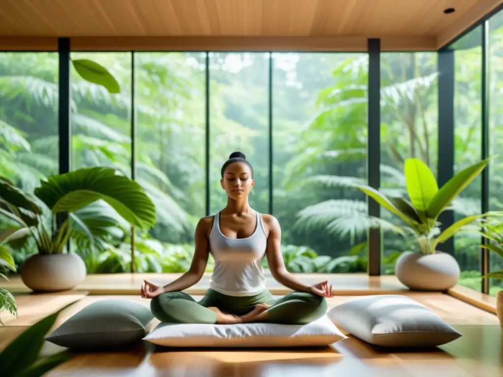 Espacio de meditación moderno y sereno con vistas al bosque