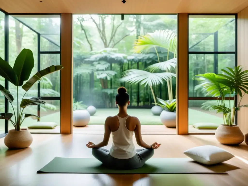 Espacio de meditación moderno con vista al bosque