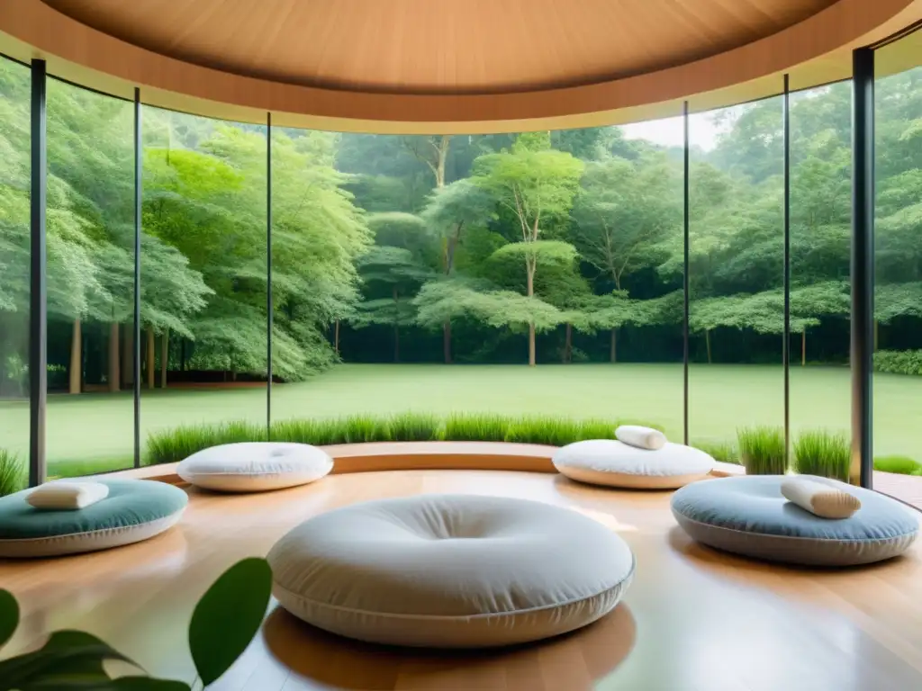 Espacio de meditación moderno con vista a un bosque, luz natural y personas meditando en círculo