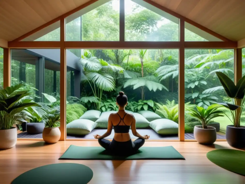 Un espacio de meditación moderno con vista a un bosque verde