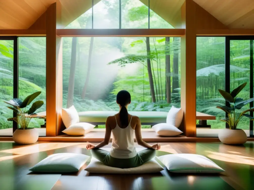 Espacio de meditación moderno con vista a un bosque verde