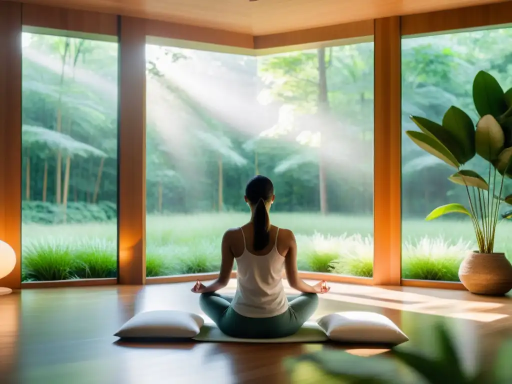 Espacio de meditación moderno con vista a un bosque verde