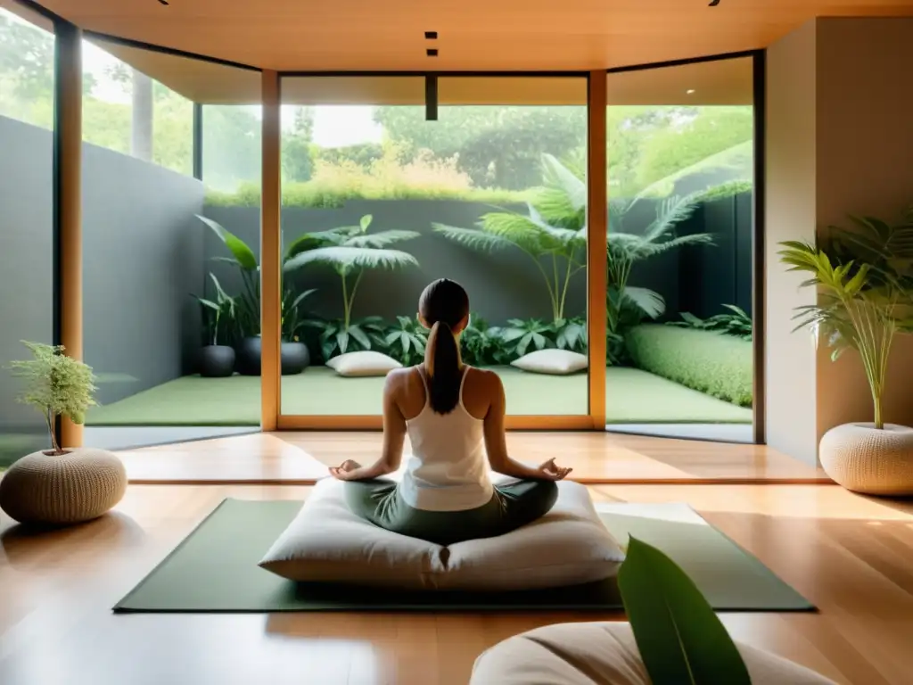 Espacio de meditación moderno con vista a un jardín exuberante, colores terrosos y cojín grande