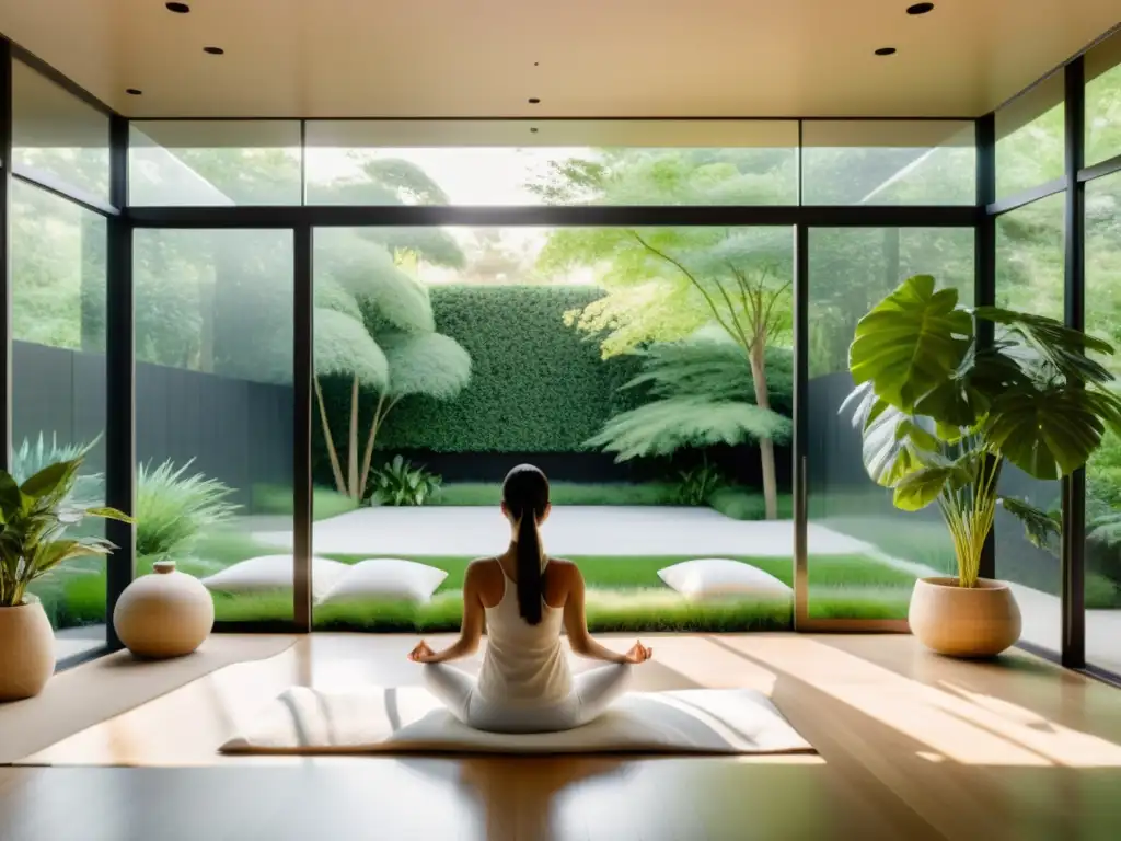 Espacio de meditación moderno con vista a un jardín, integrando prácticas de respiración y meditación en una atmósfera tranquila y acogedora