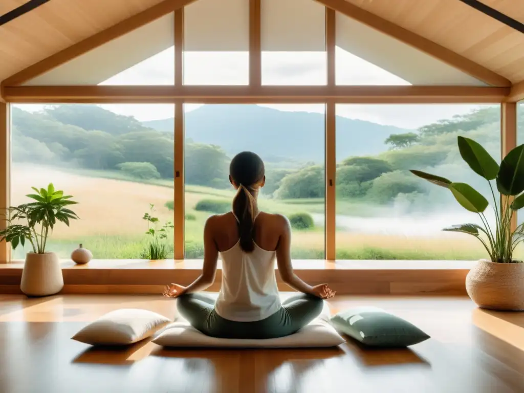 Espacio de meditación moderno con vista a la naturaleza, luz suave, tonos terrosos, muebles minimalistas y una persona meditando