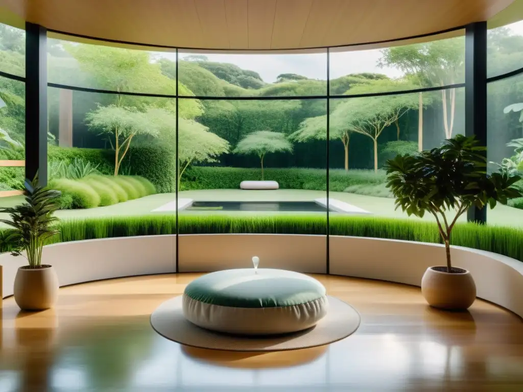 Espacio de meditación moderno con vista a la naturaleza, invita a la respiración consciente