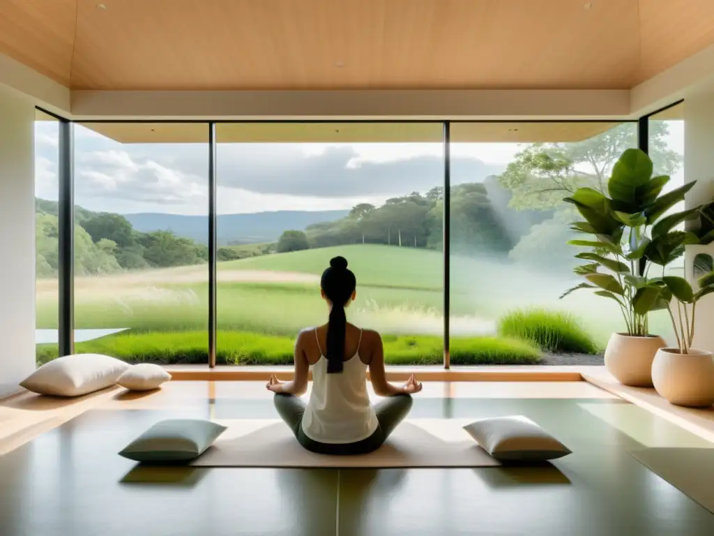 Espacio de meditación moderno con vista a un paisaje sereno