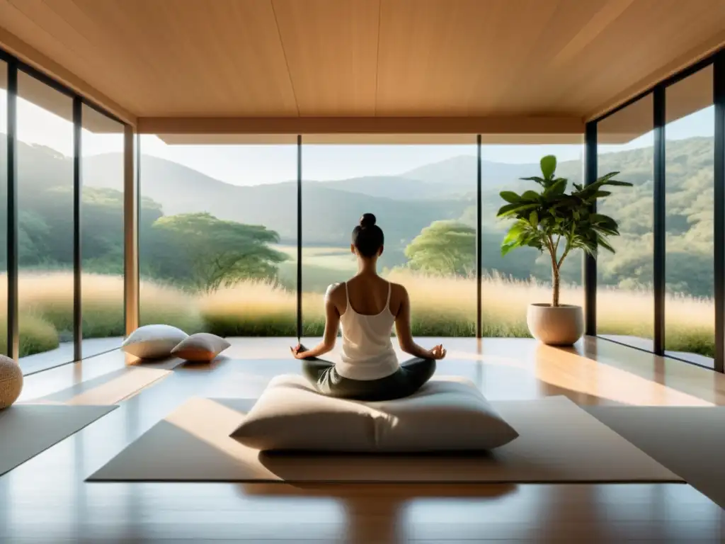 Espacio de meditación moderno con vista a paisaje natural