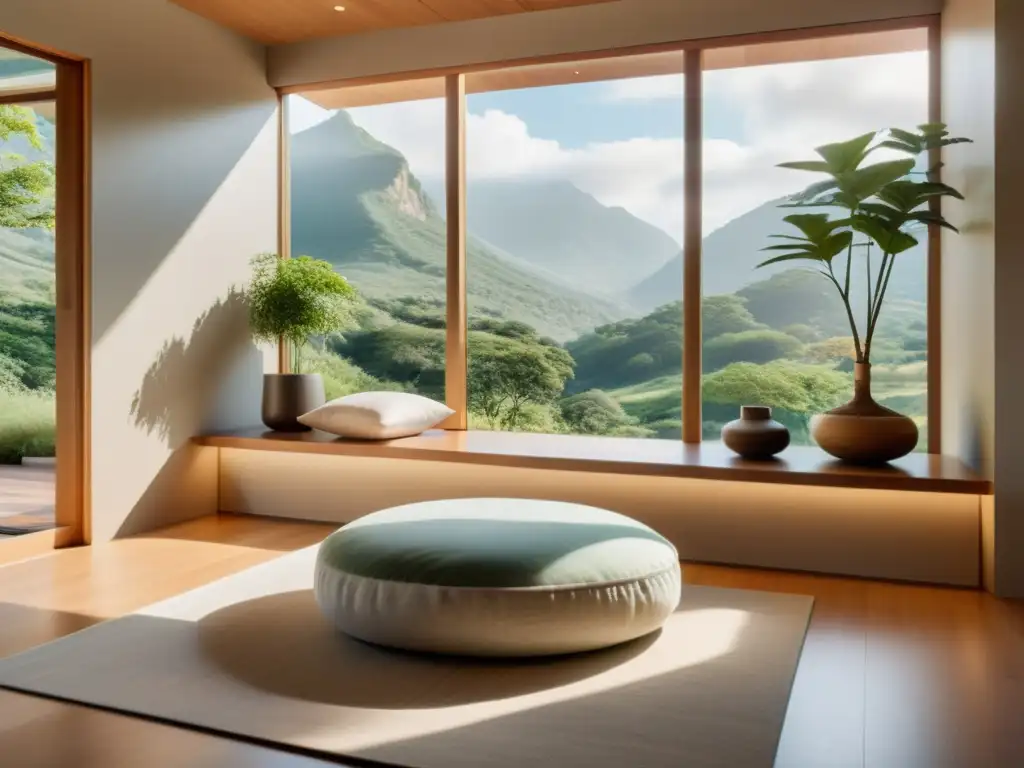 Espacio de meditación moderno con vista panorámica a la naturaleza y decoración minimalista