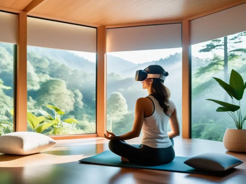 Espacio de meditación moderno con vista panorámica a un bosque tranquilo