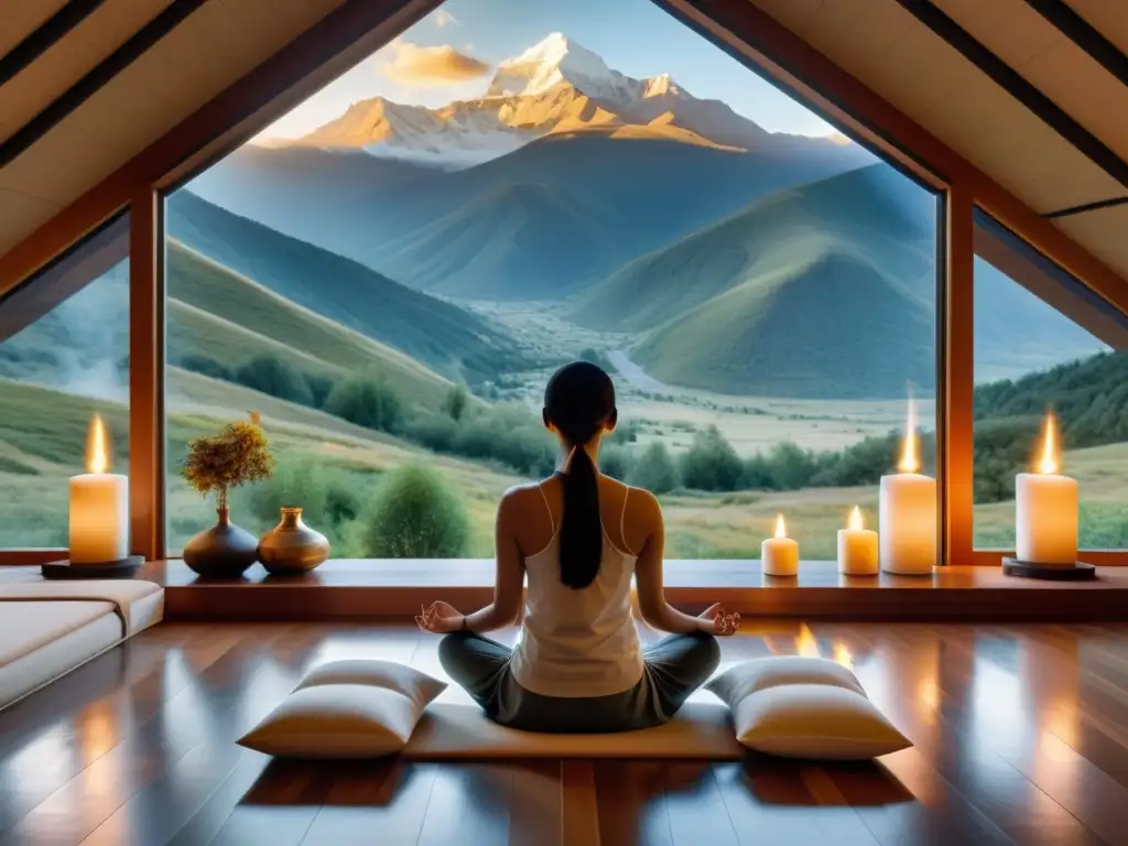 Espacio de meditación moderno con vista a la montaña