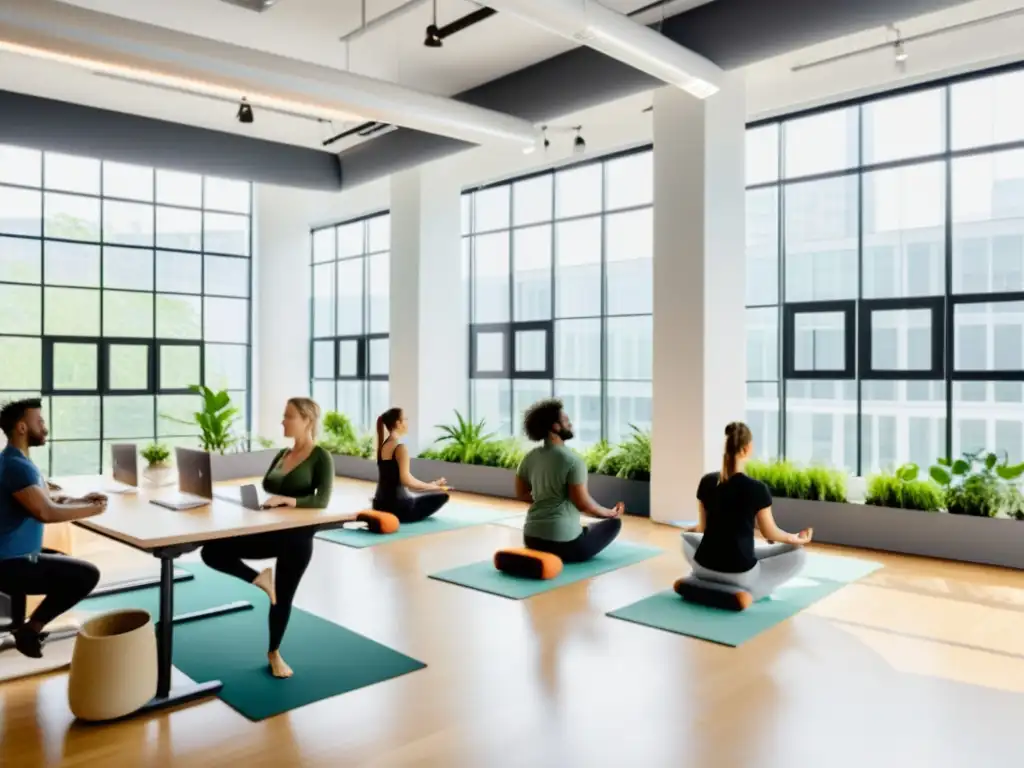 Un espacio de oficina moderno con luz natural, plantas y empleados participando en una sesión de yoga