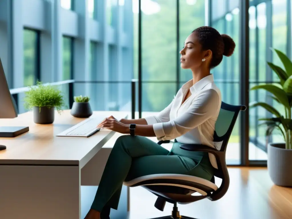 Un espacio de oficina moderno con muebles ergonómicos y diseño profesional, integrando la ergonomía en descanso laboral