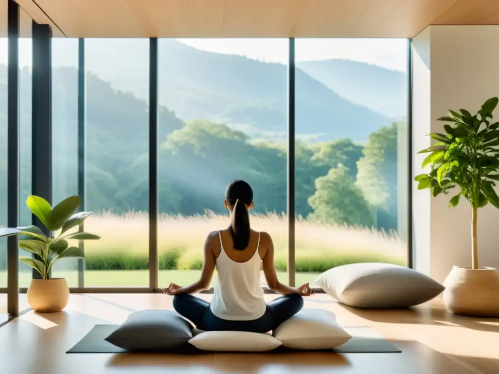 Espacio de oficina moderno y sereno con conexión a la naturaleza para la práctica de meditación y la toma de decisiones estratégicas