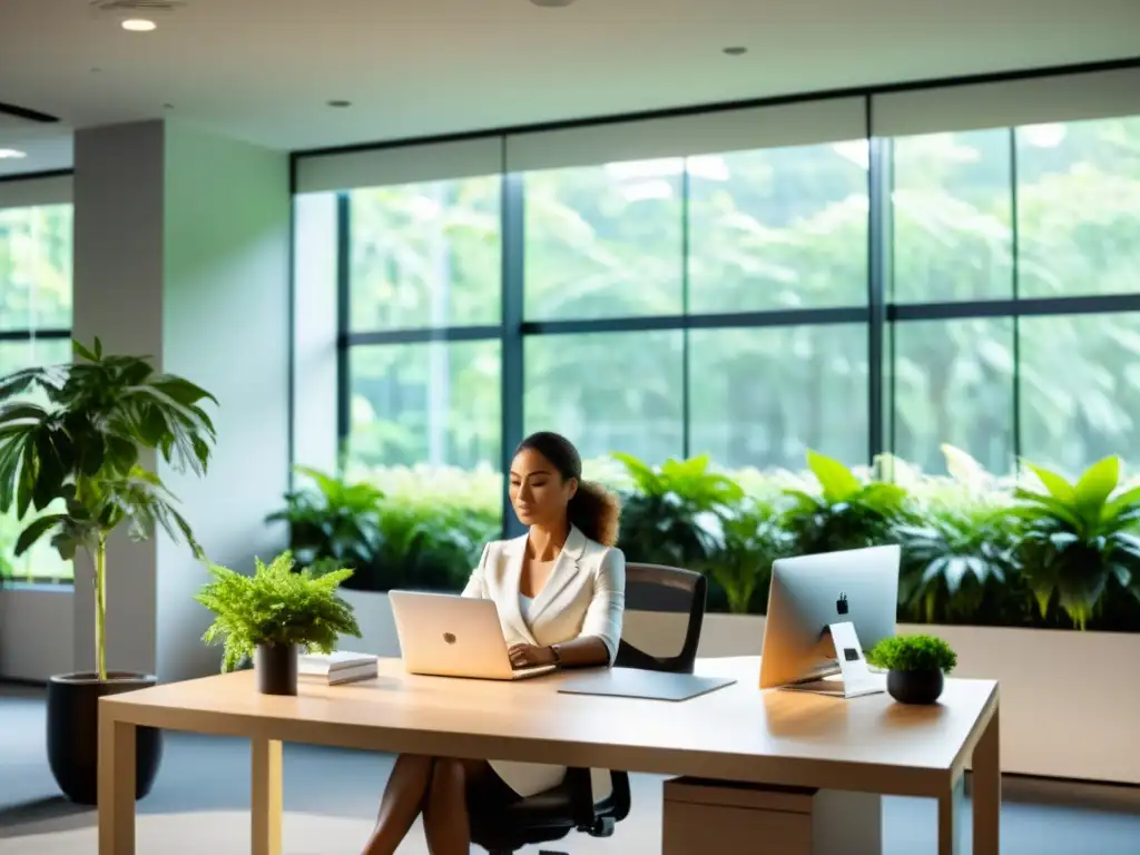 Un espacio de oficina moderno y sereno con luz natural y plantas verdes