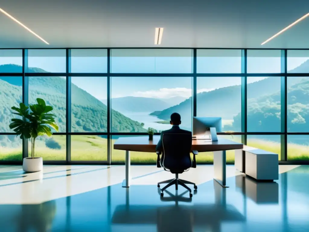 Espacio de oficina moderno con ventana panorámica y persona practicando respiración diafragmática para estrés laboral