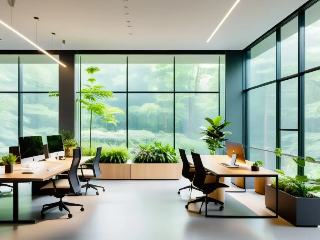 Espacio de oficina moderno con vista a un exuberante bosque, luz natural, plantas y mobiliario ergonómico