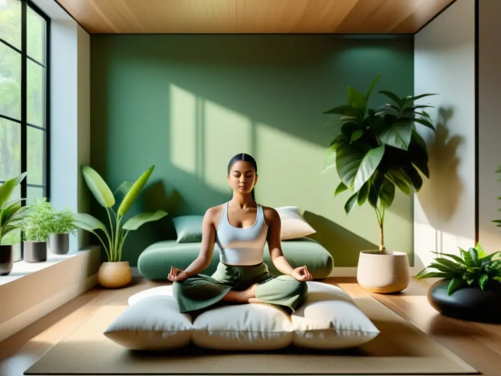 Espacio de meditación relajante con plantas y luz natural