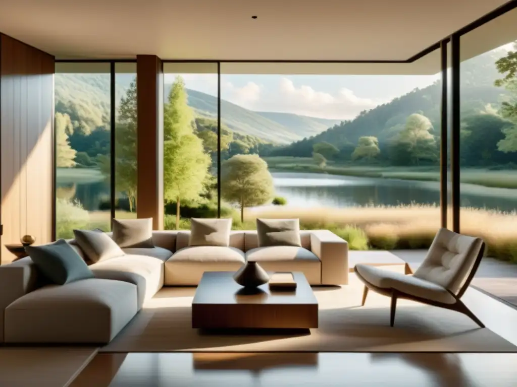 Espacio sereno con influencia emocional: sala moderna con vista a paisaje natural, mobiliario minimalista y tonos neutros