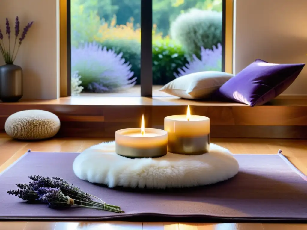 Espacio de meditación sereno con luz dorada y aroma a lavanda