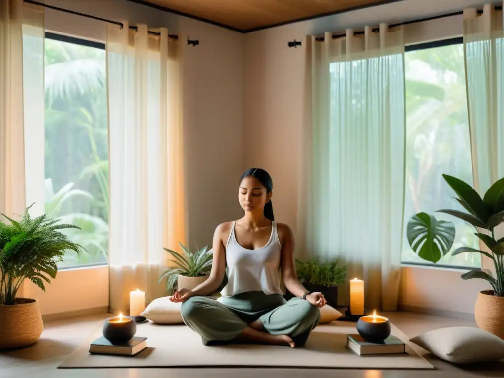 Espacio de meditación sereno con luz natural, plantas y persona en contemplación, ideal para curso online respiración meditación plenitud