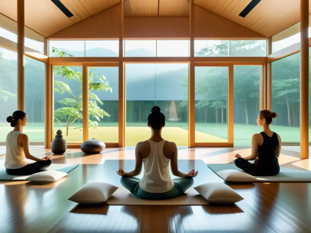 Espacio de meditación sereno con luz natural y meditadores en concentración