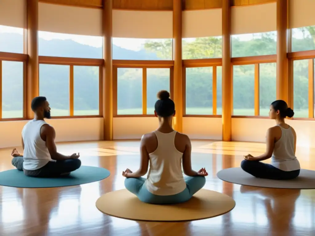 Espacio de meditación sereno con luz natural, meditadores en contemplación, transmitiendo paz interior y beneficios de la meditación Vipassana