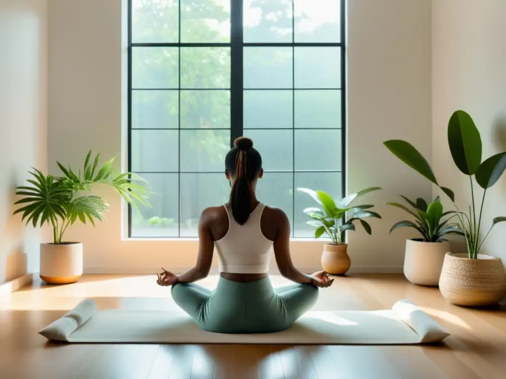 Espacio de meditación sereno con luz natural, persona en postura de atención plena