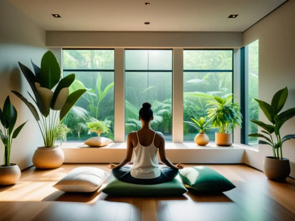 Espacio de meditación sereno con luz natural y plantas, ideal para practicar respiración y mejorar bienestar durante quimioterapia