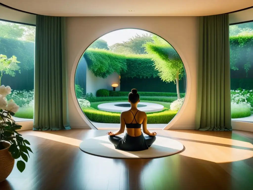 Serenidad en el espacio de meditación con luz natural y jardín pacífico Espacio de meditación sereno con luz natural, ventana circular y jardín