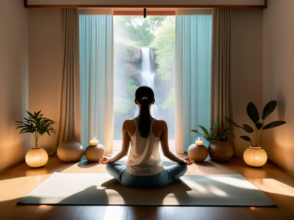 Espacio de meditación sereno con luz natural cálida, cascada tranquila y práctica de respiración holística acupuntura meditación bienestar