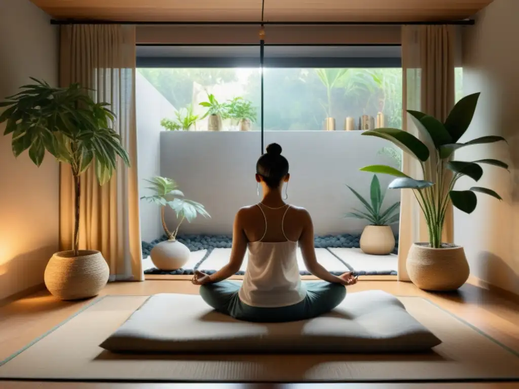 Espacio de meditación sereno con luz natural, plantas y quemador de incienso