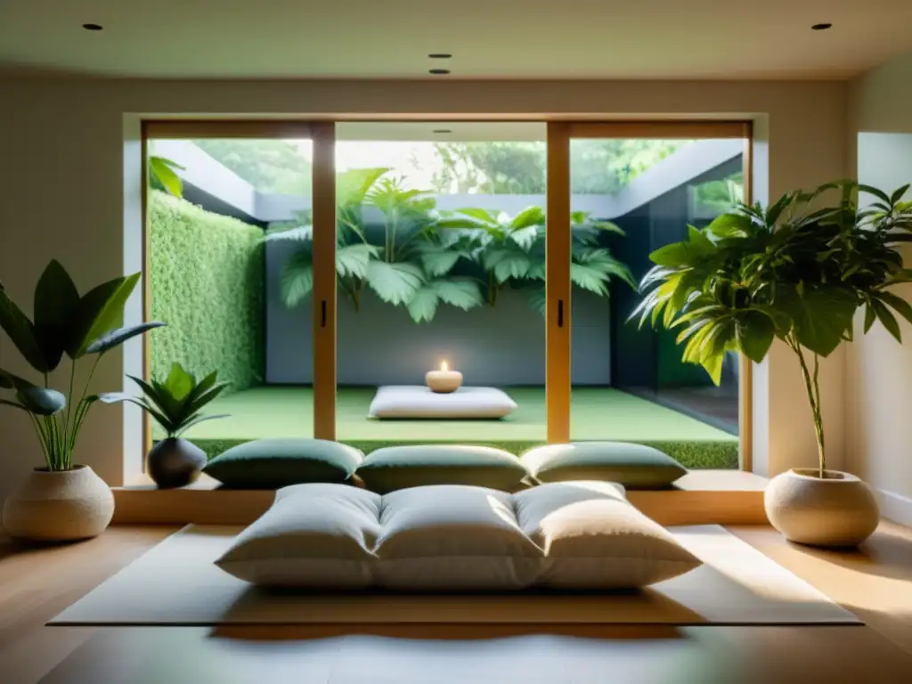 Espacio de meditación sereno con decoración minimalista, almohadillas cómodas y plantas verdes