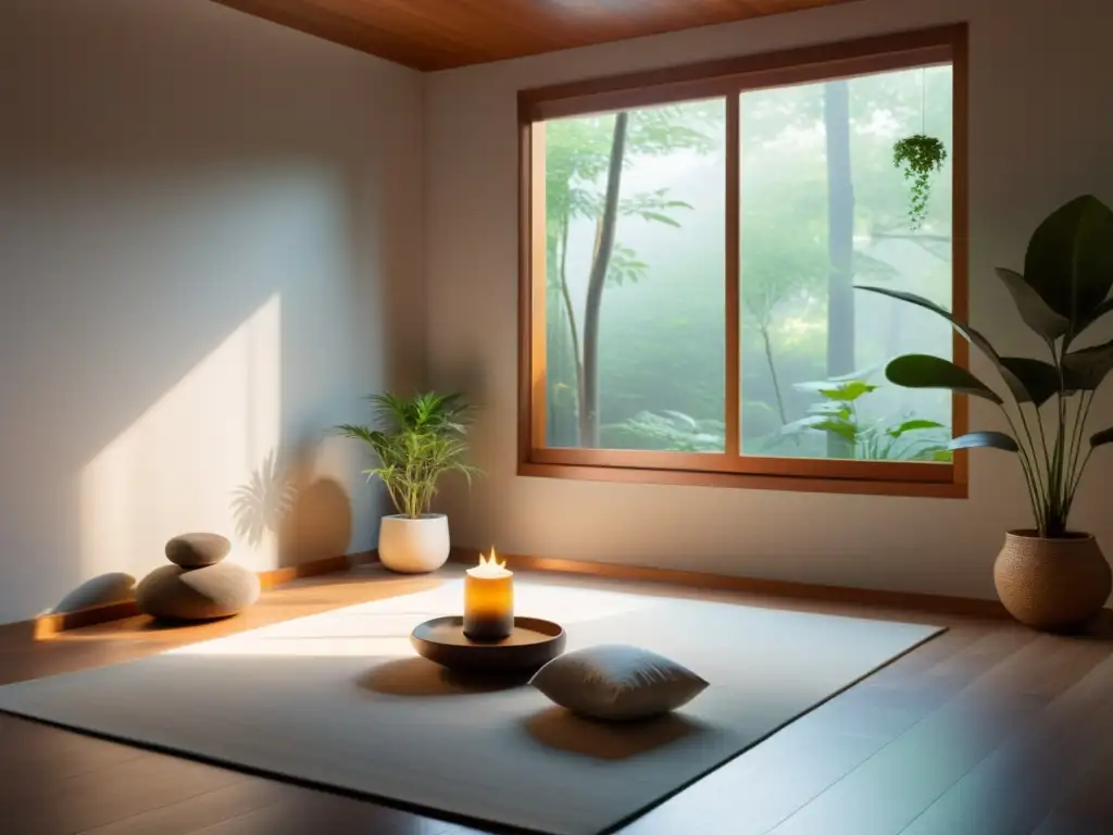 Espacio de meditación sereno con decoración minimalista e integrando prácticas de respiración y meditación