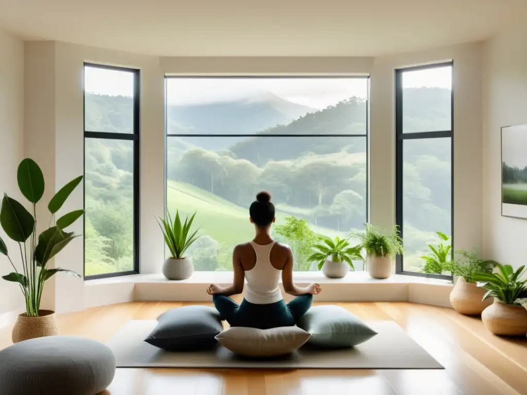 Un espacio sereno y moderno con ejercicios de respiración para ansiedad, luz natural y decoración minimalista en tonos neutros