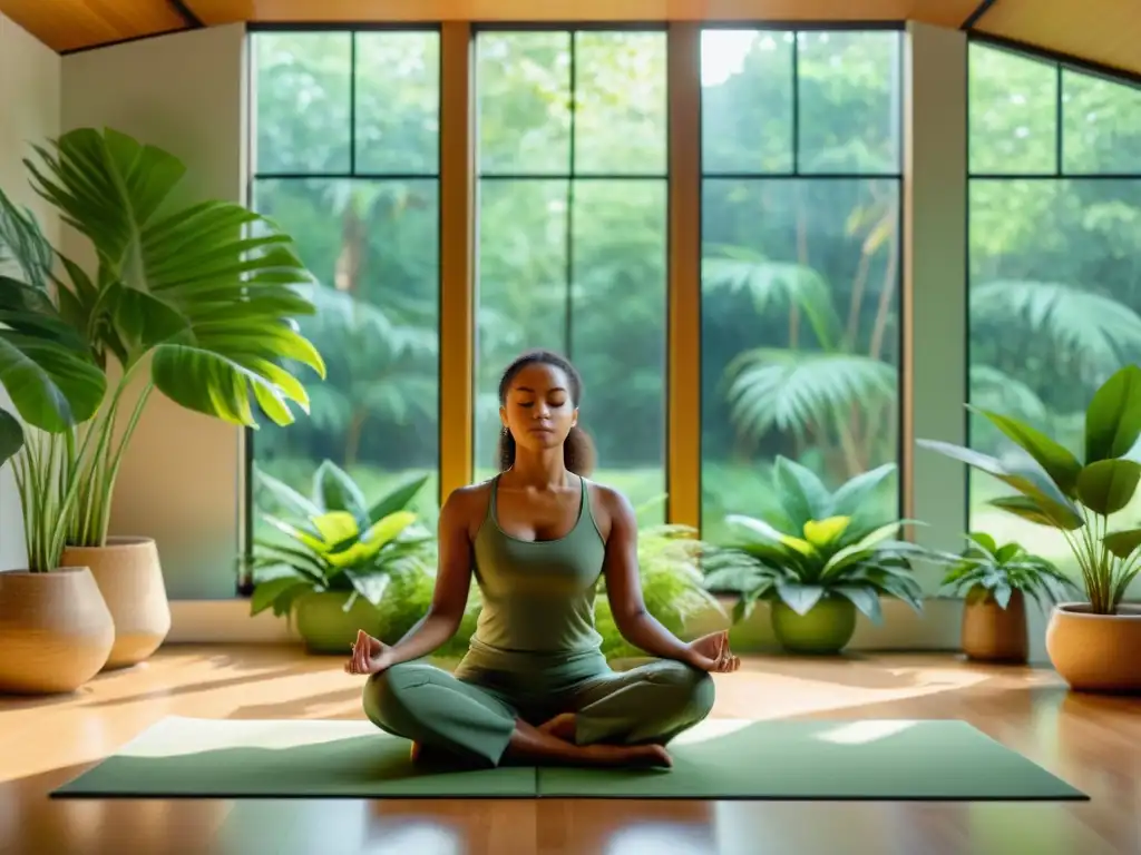 Un espacio sereno con una persona en postura de meditación, rodeada de plantas