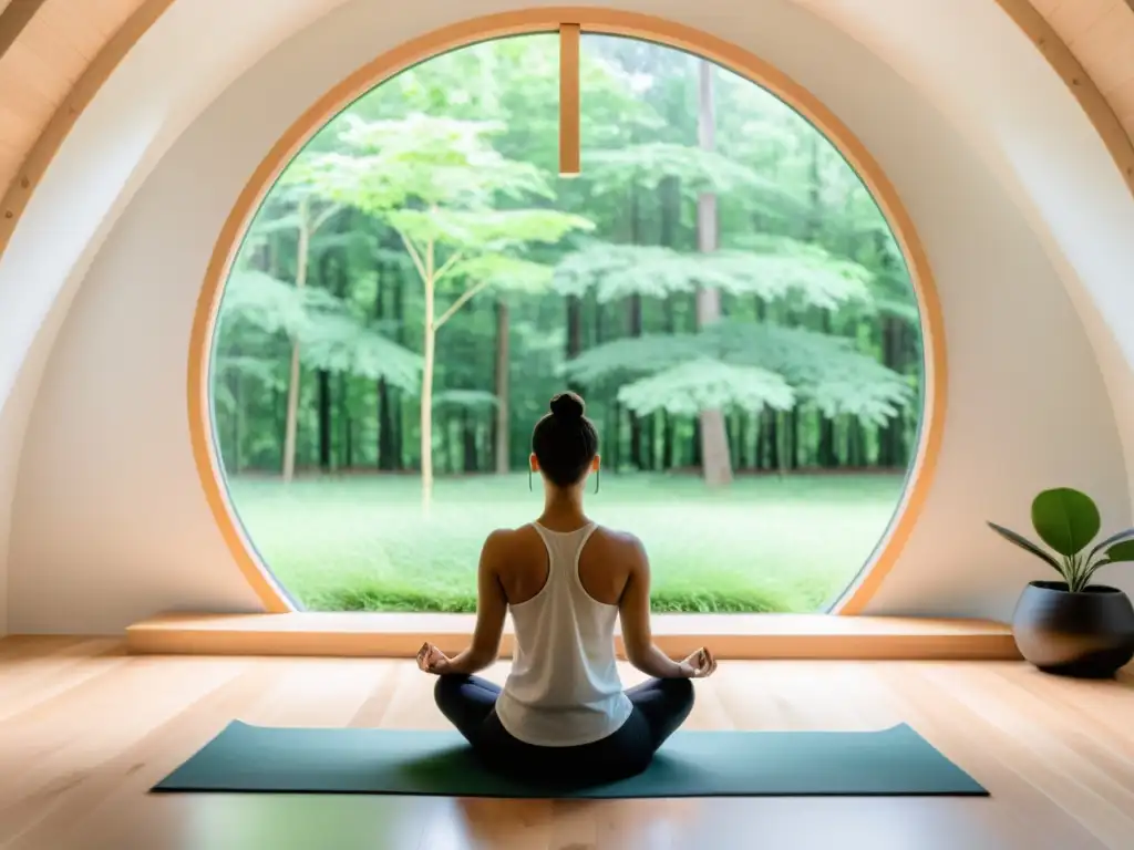 Espacio sereno de meditación con ventana al bosque