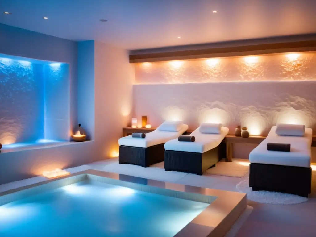 Un espacio de spa moderno y sereno con terapia de haloterapia en balnearios, iluminado suavemente con luces LED azules